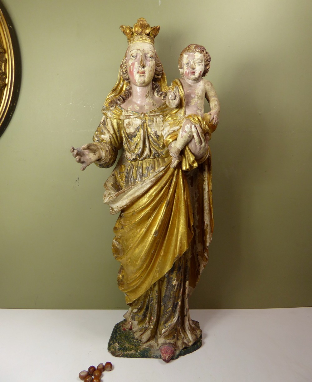 LARGE EARLY CARVED MADONNA & CHILD