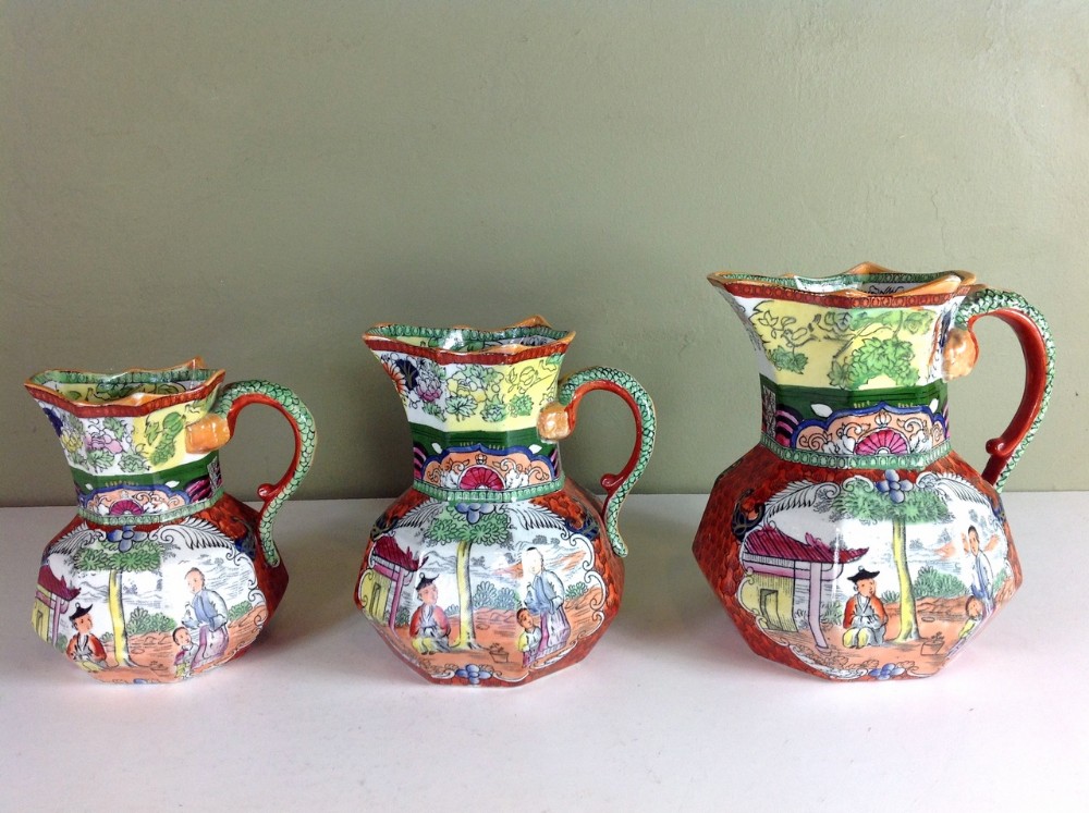SET OF THREE MASONS IRONSTONE JUGS