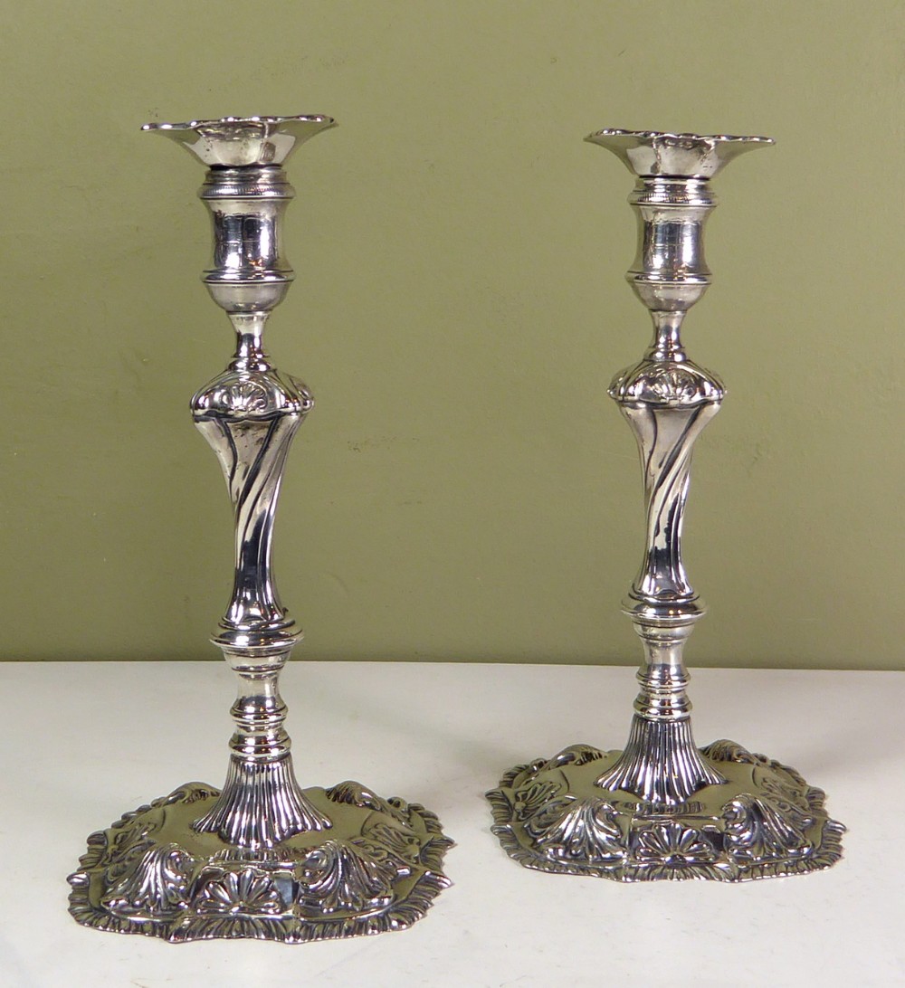 18TH C CAST SILVER CANDLESTICKS 1756