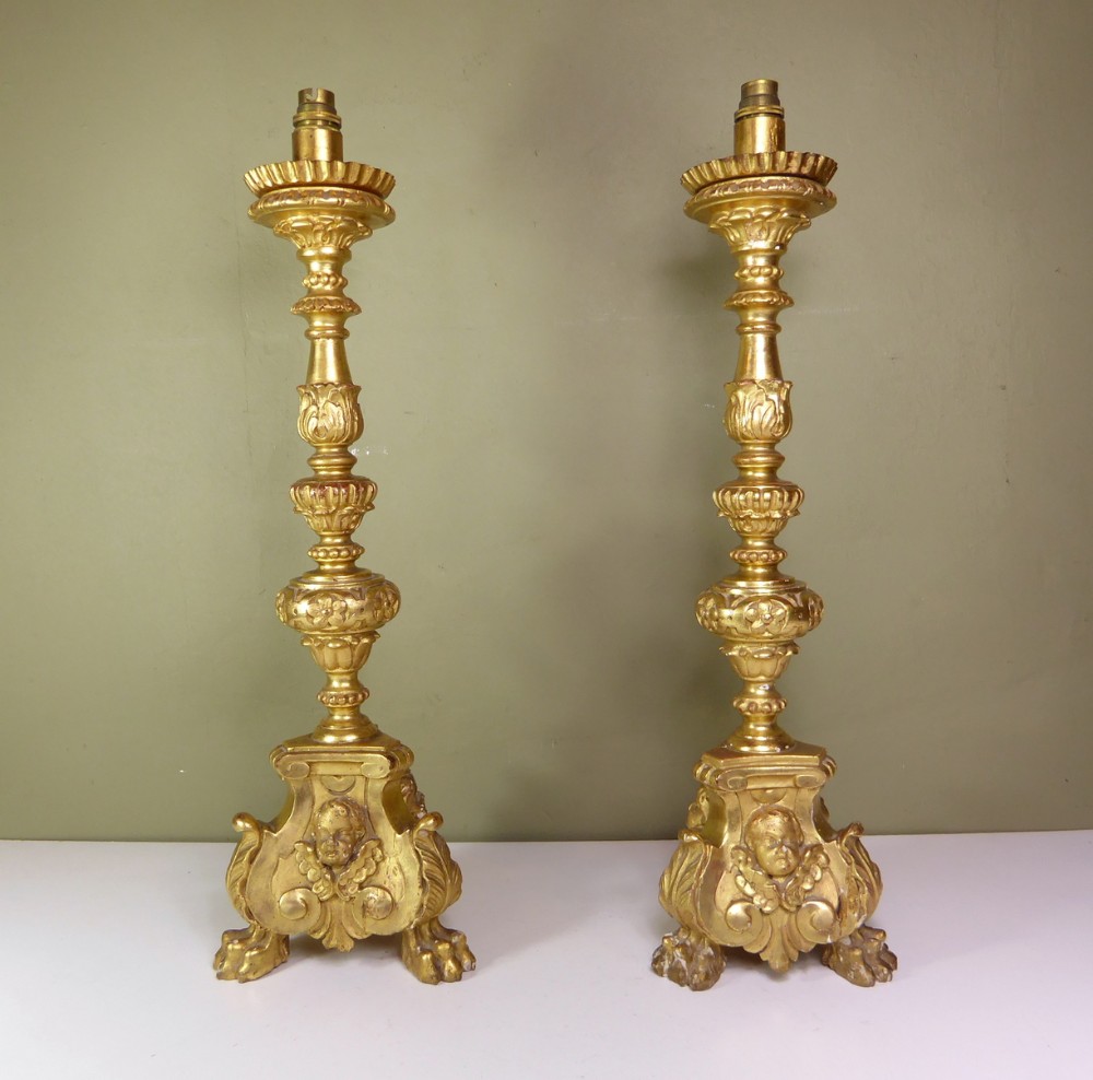 PAIR OF 19TH C GILTWOOD PRICKET STICKS