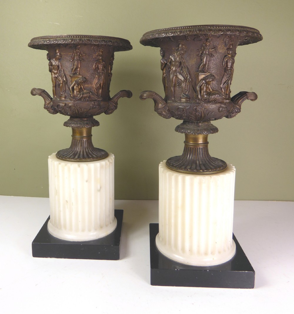 PAIR OF BRONZE & MARBLE CAMPANA VASES