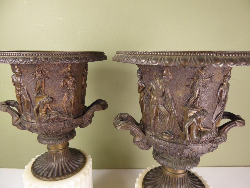 PAIR OF BRONZE & MARBLE CAMPANA VASES View II
