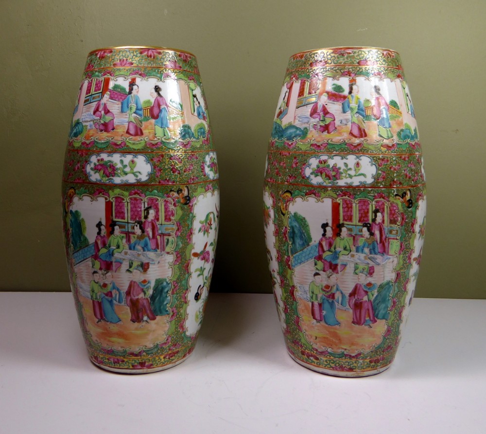 PAIR OF CANTON FAMILLE ROSE VASES