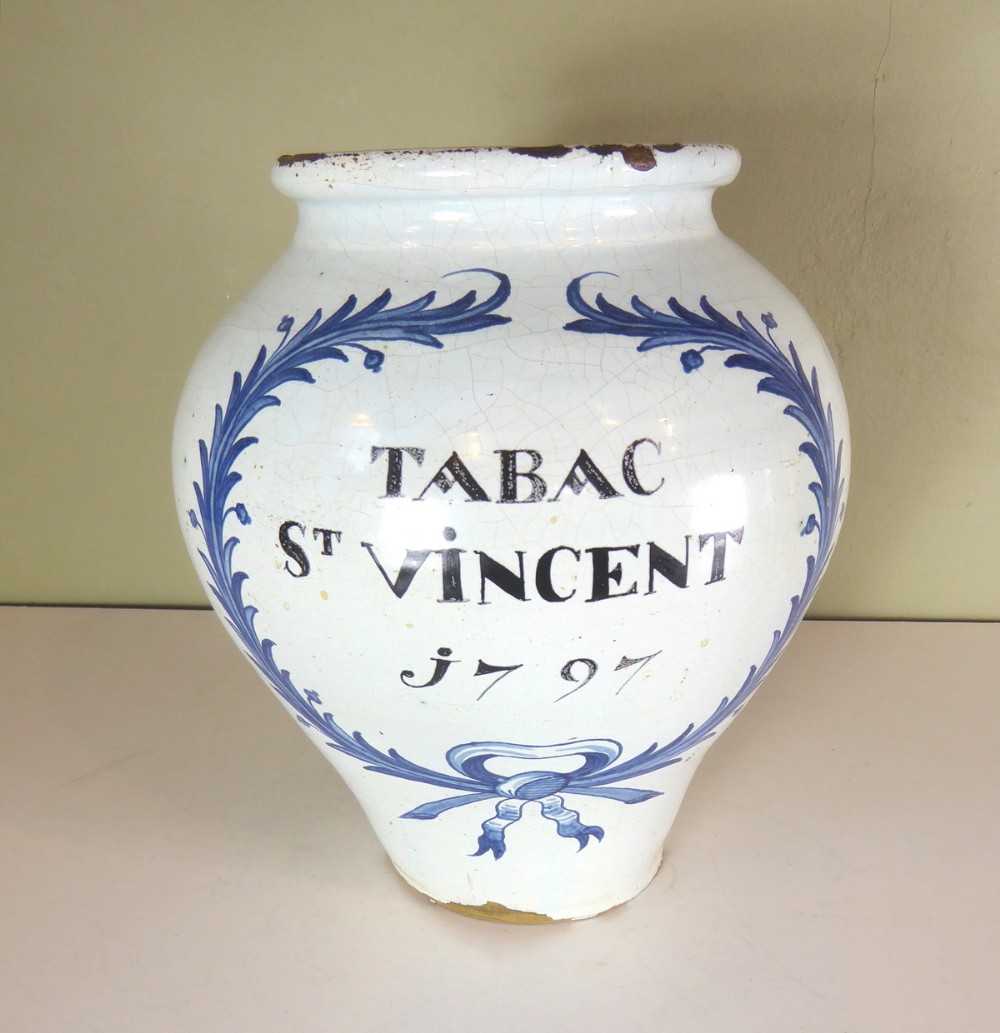 18TH C DELFT TOBACCO JAR TABAC ST VINCENT 1797