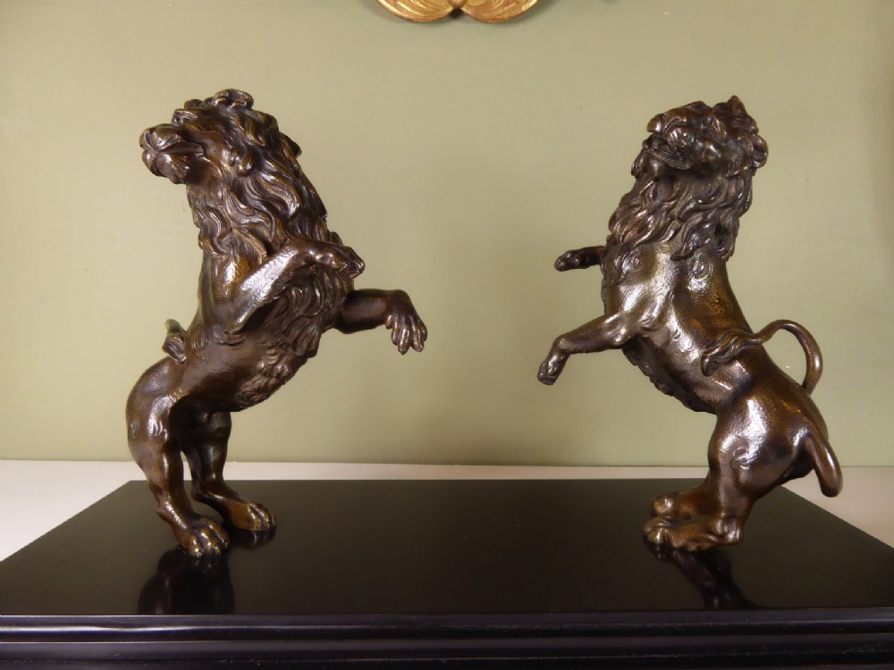 PAIR OF 18TH C BRONZE LIONS RAMPANT