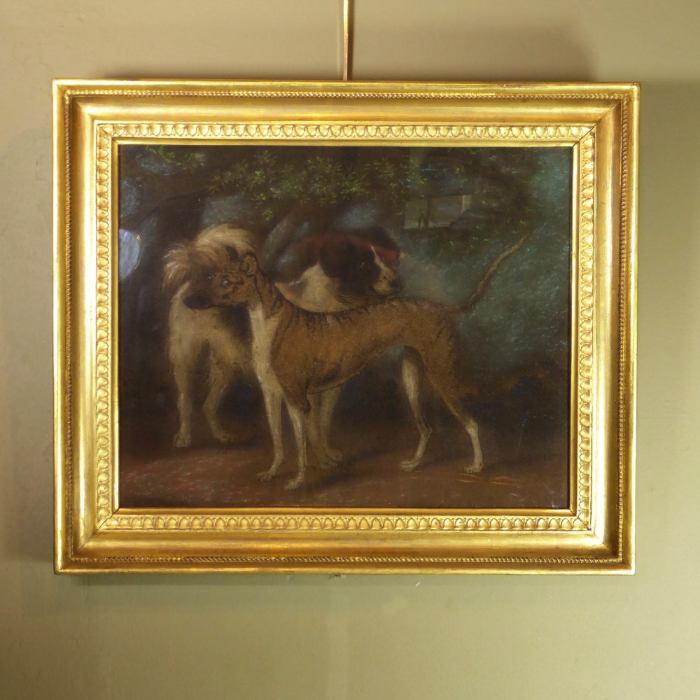 EARLY 19TH C SAND PICTURE OF TWO DOGS