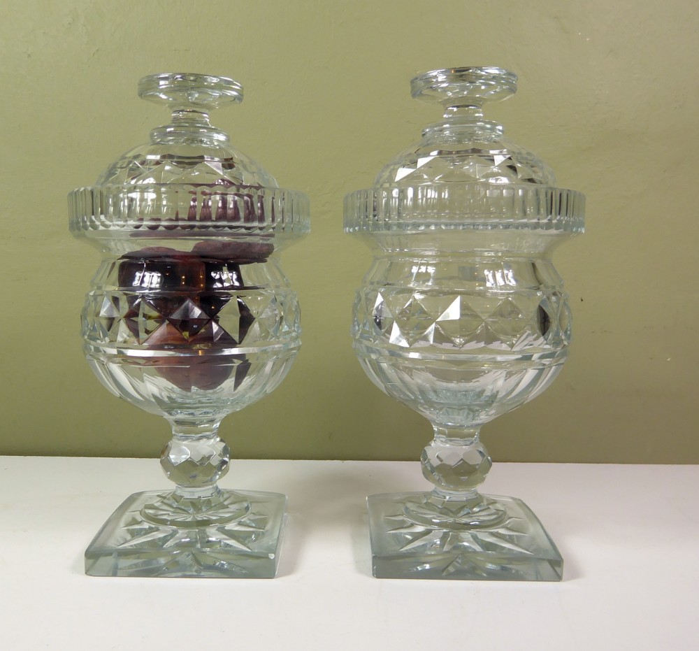 PAIR OF 19TH C CUT GLASS VASES WITH BOWL COVERS