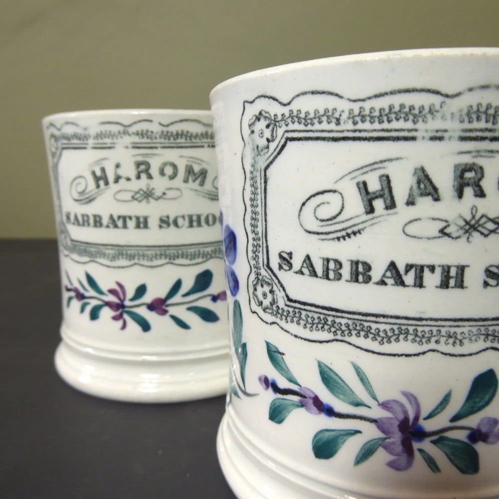 PAIR OF 19TH C PEARLWARE SUNDAY SCHOOL MUGS
