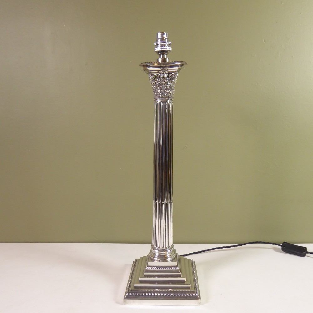 19TH C CORINTHIAN COLUMN SILVER PLATED LAMP BASE