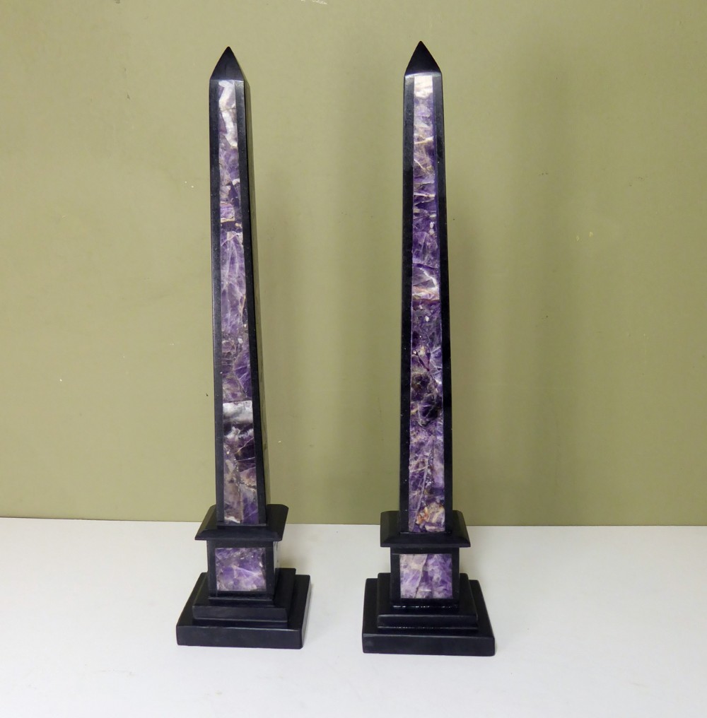 PAIR OF MARBLE & BLUE JOHN OBELISKS