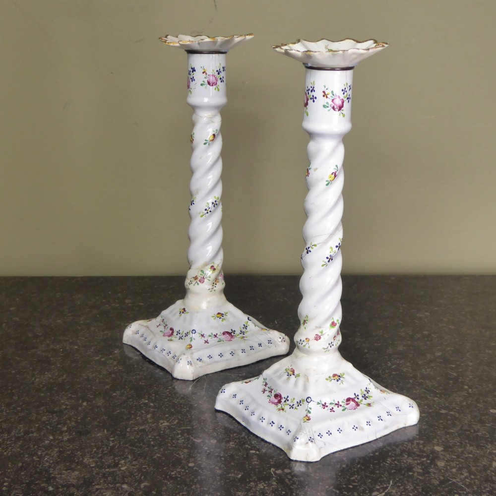 PAIR OF BILSTON ENAMEL CANDLESTICKS