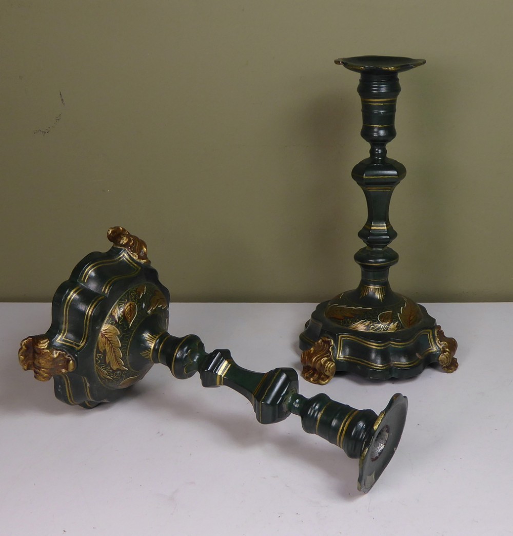 PAIR OF 18TH C TOLE & ENAMEL CANDLESTICKS