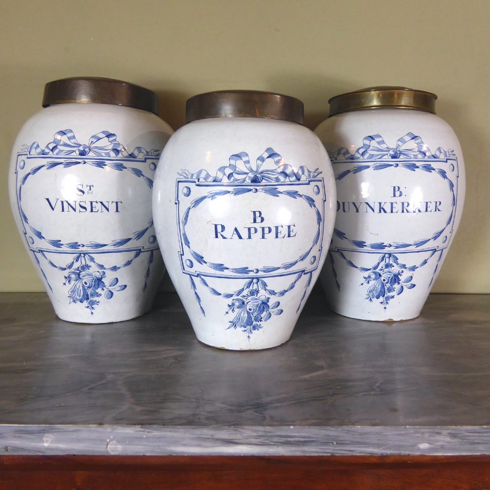SET OF LARGE 18TH C DELFT TOBACCO JARS