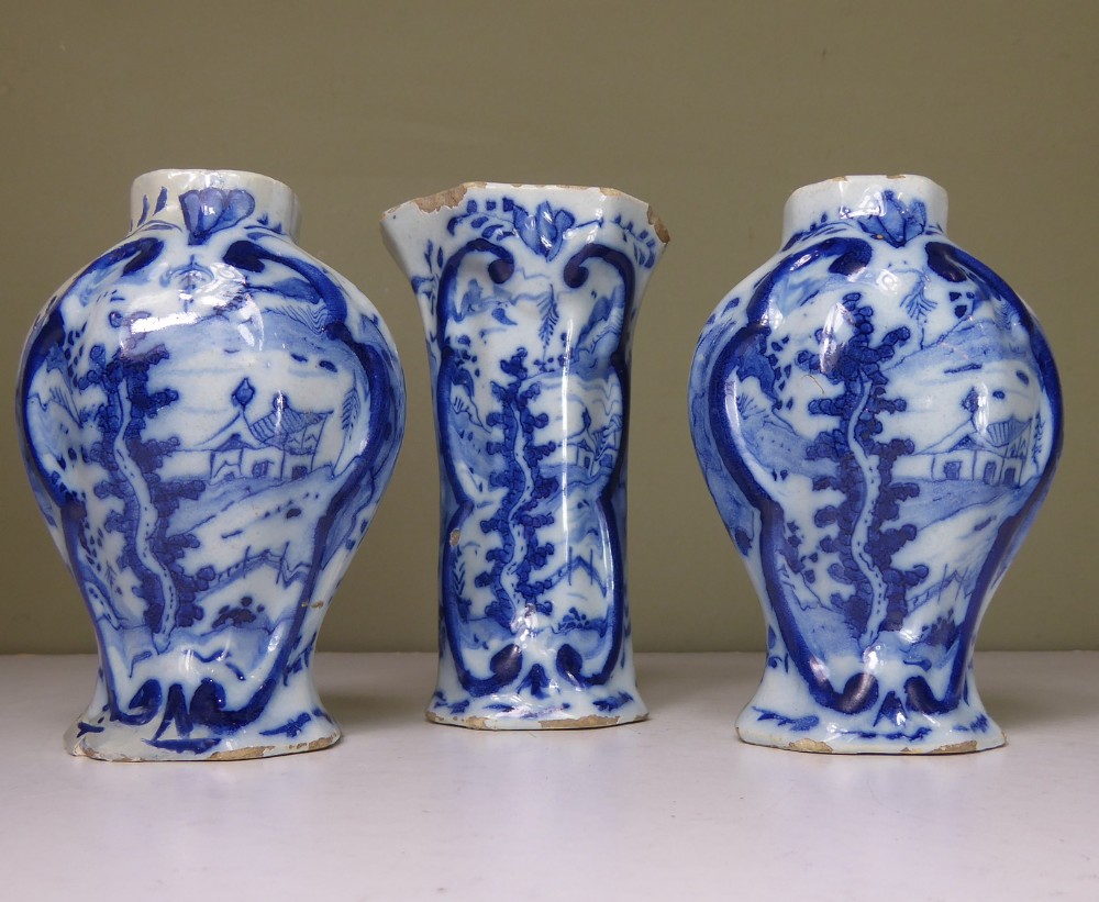 SET OF THREE 18TH C MINIATURE DELFT VASES