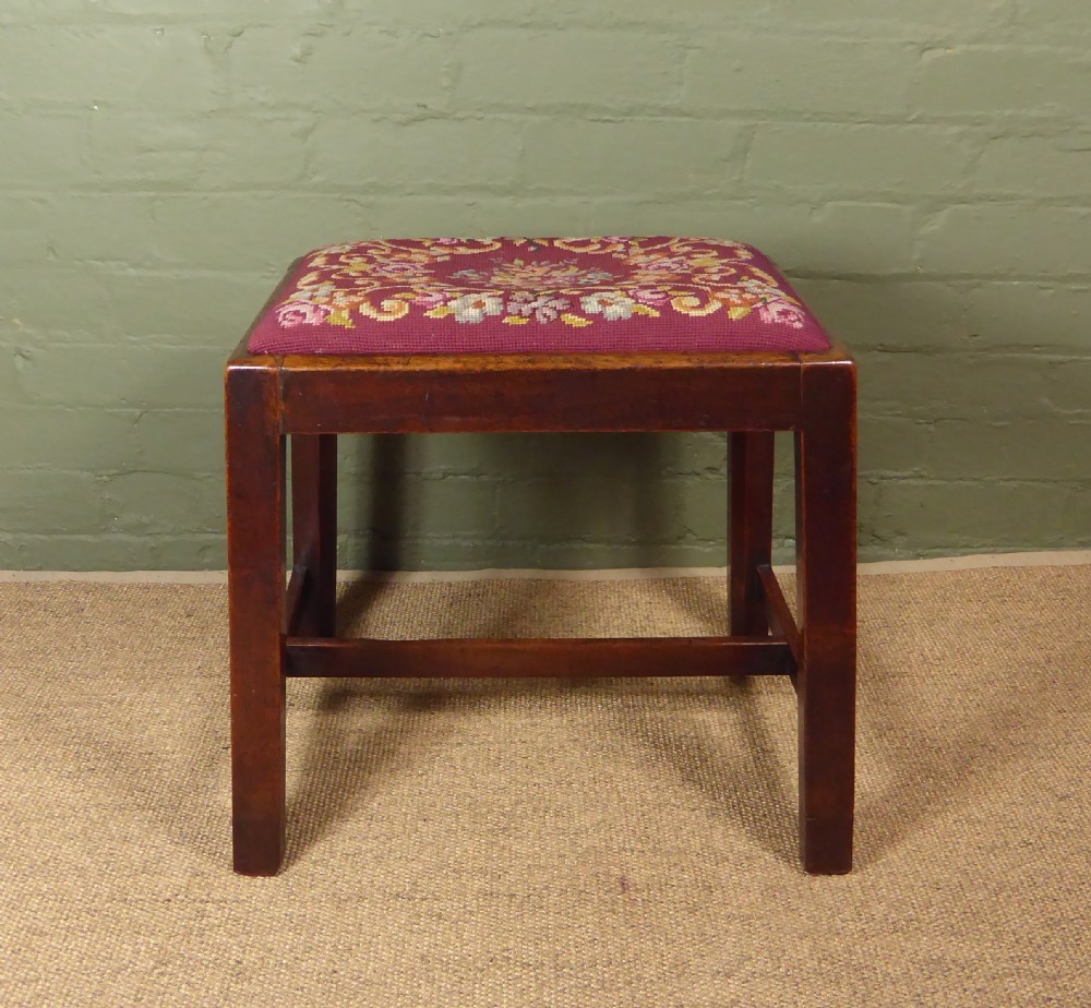 18TH C WALNUT & EMBROIDERED SEAT STOOL