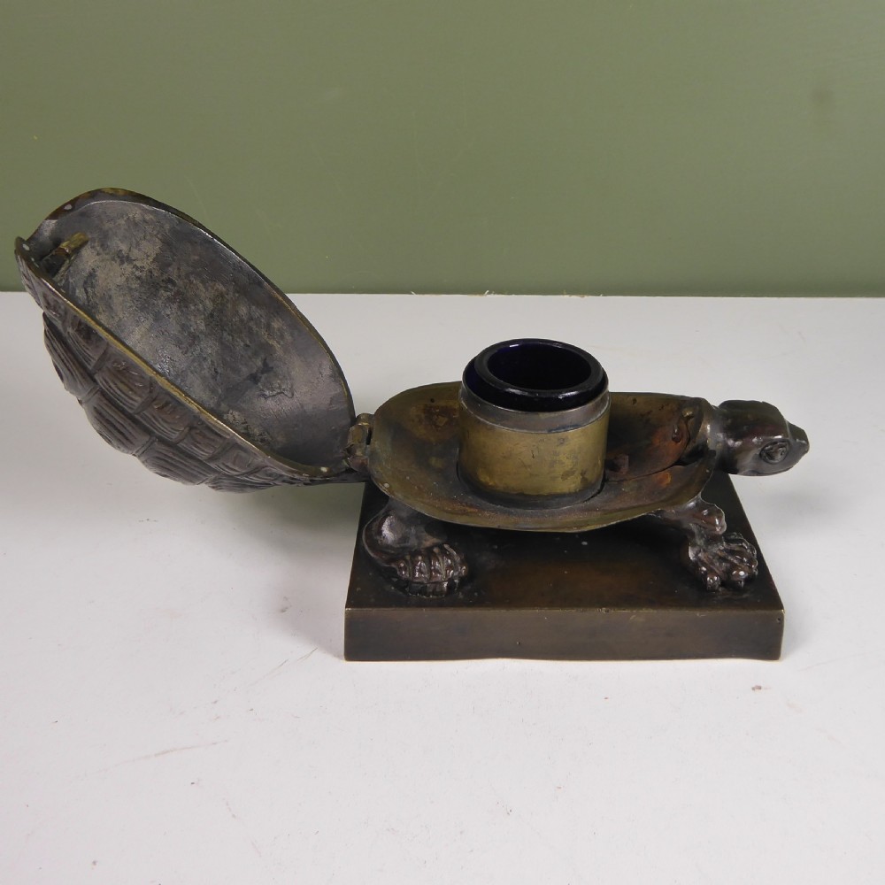 19TH C BRONZE TORTOISE INKWELL View III