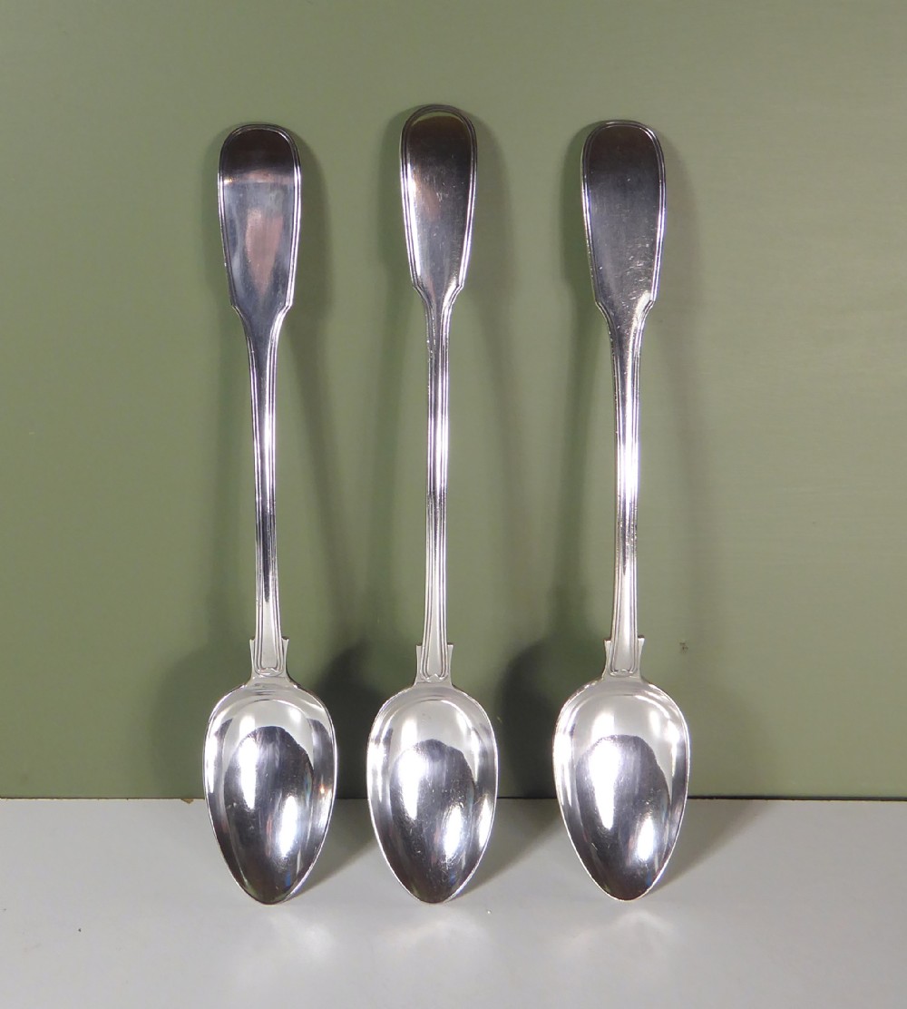THREE LARGE SILVER PLATED BASTING SPOONS C 1860