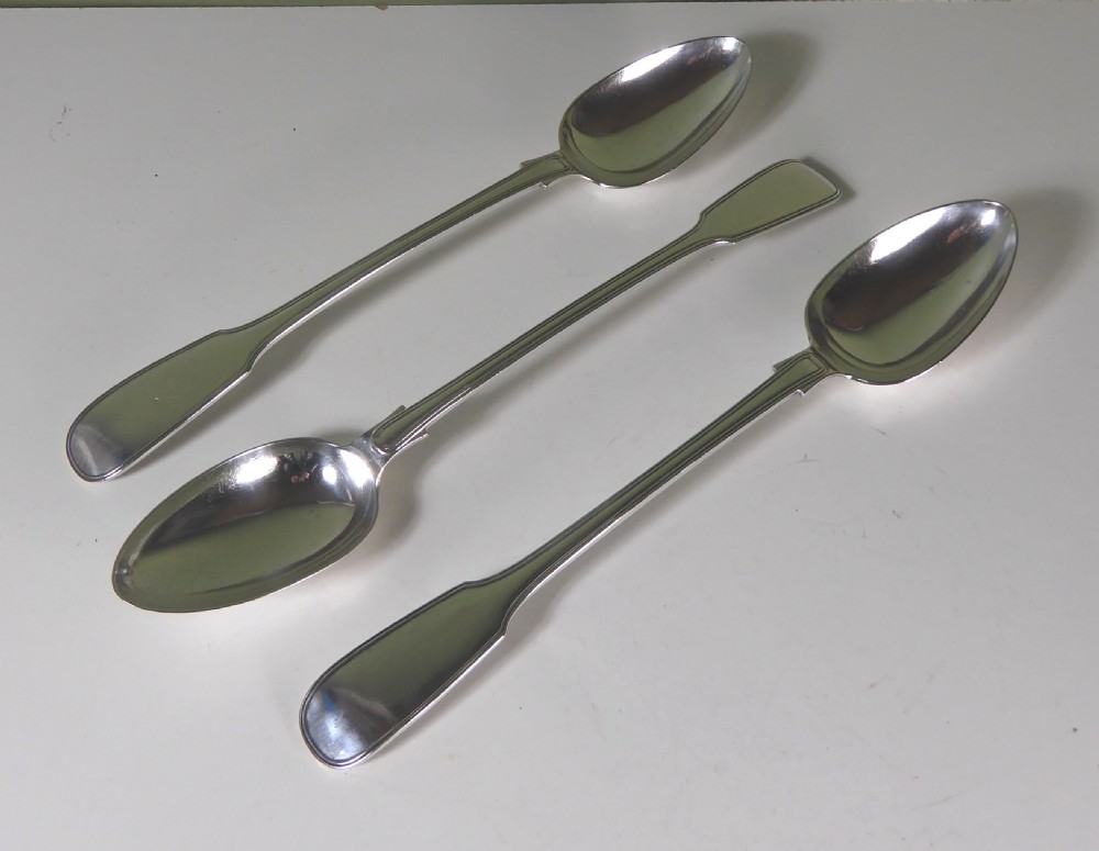 THREE LARGE SILVER PLATED BASTING SPOONS C 1860 View III