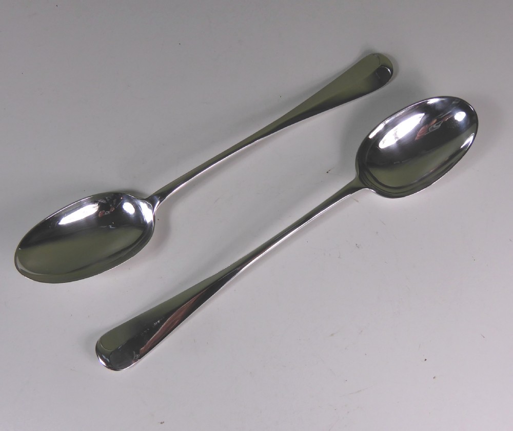 PAIR OF LARGE SILVER PLATED BASTING SPOONS 1860 View III