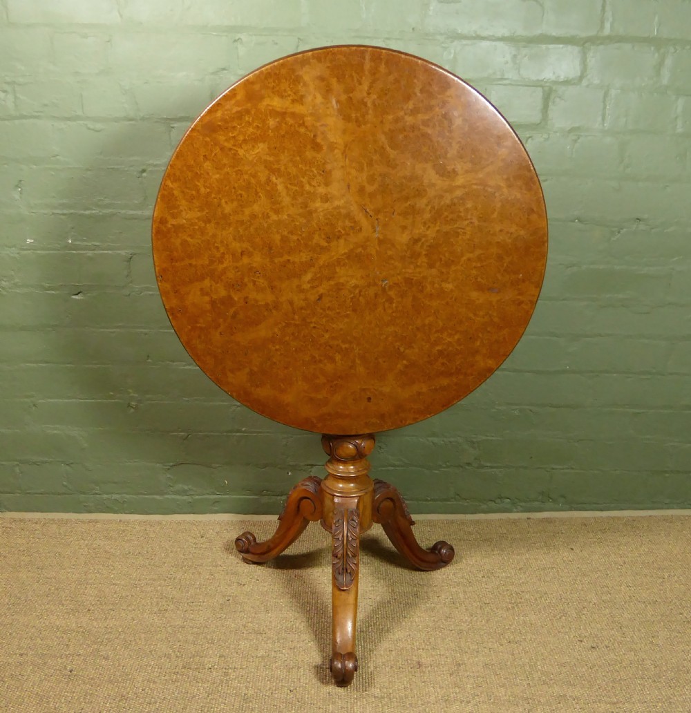 19TH C BURR WOOD TRIPOD TABLE