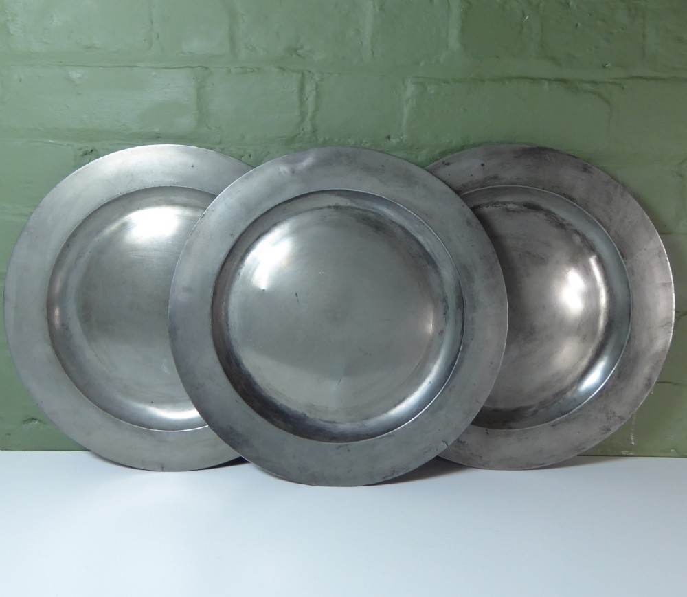 SET OF THREE 18TH C PEWTER CHARGERS