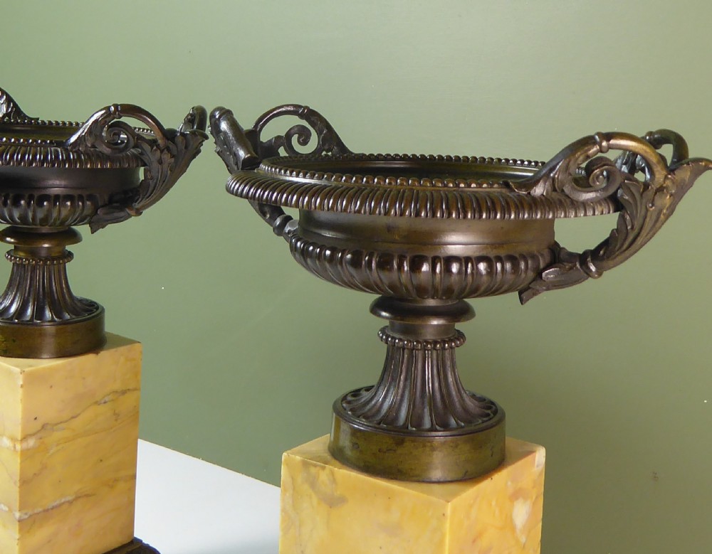 PAIR OF EARLY 19TH C BRONZE TAZZA ON MARBLE BASES View V