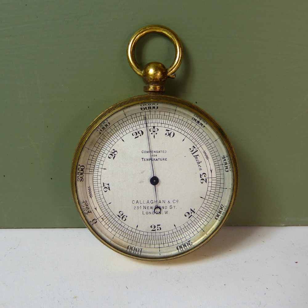 19TH C GILT BRASS POCKET BAROMETER View III