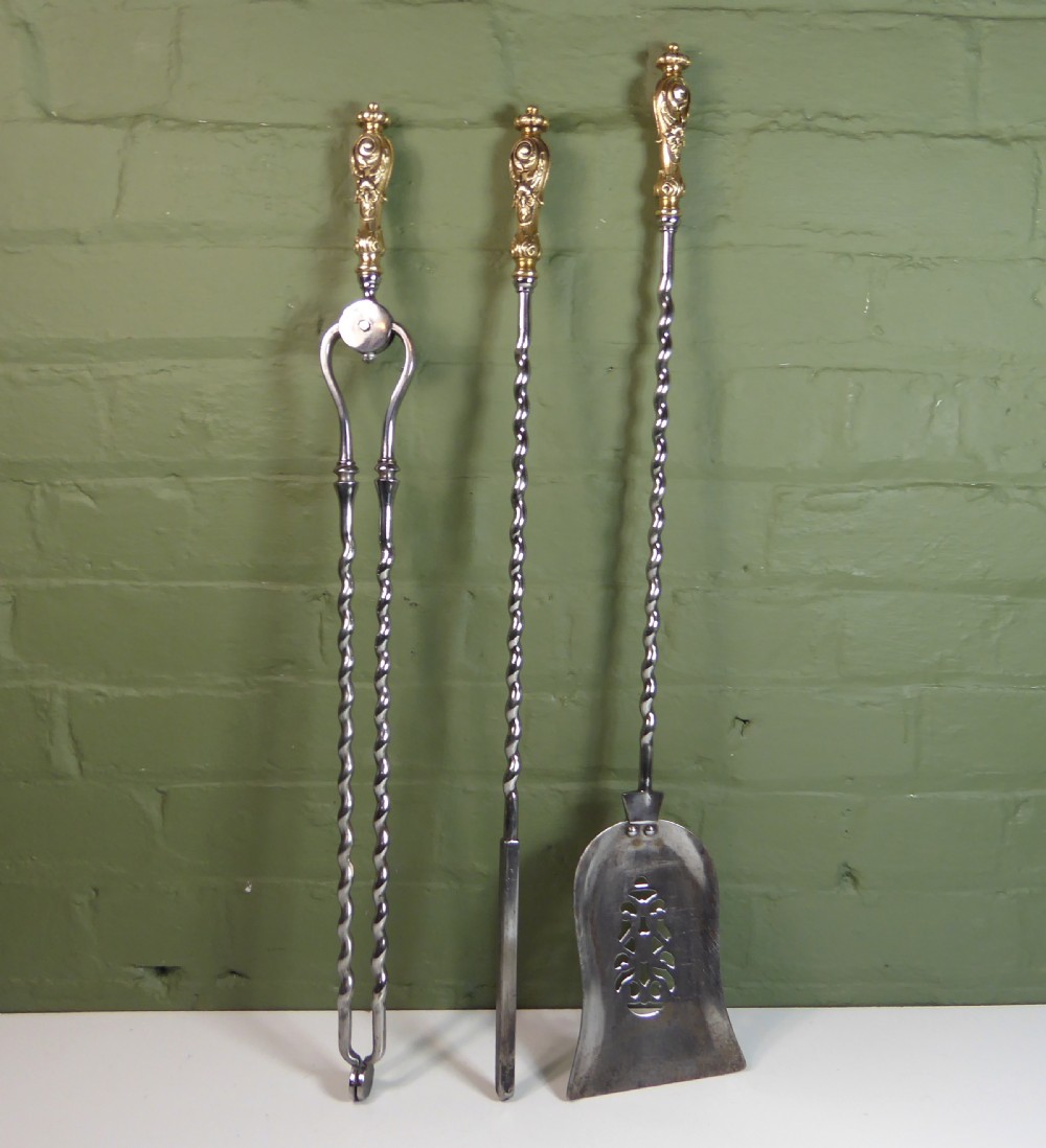 SET OF EARLY 19TH STEEL & BRASS FIRE TOOLS