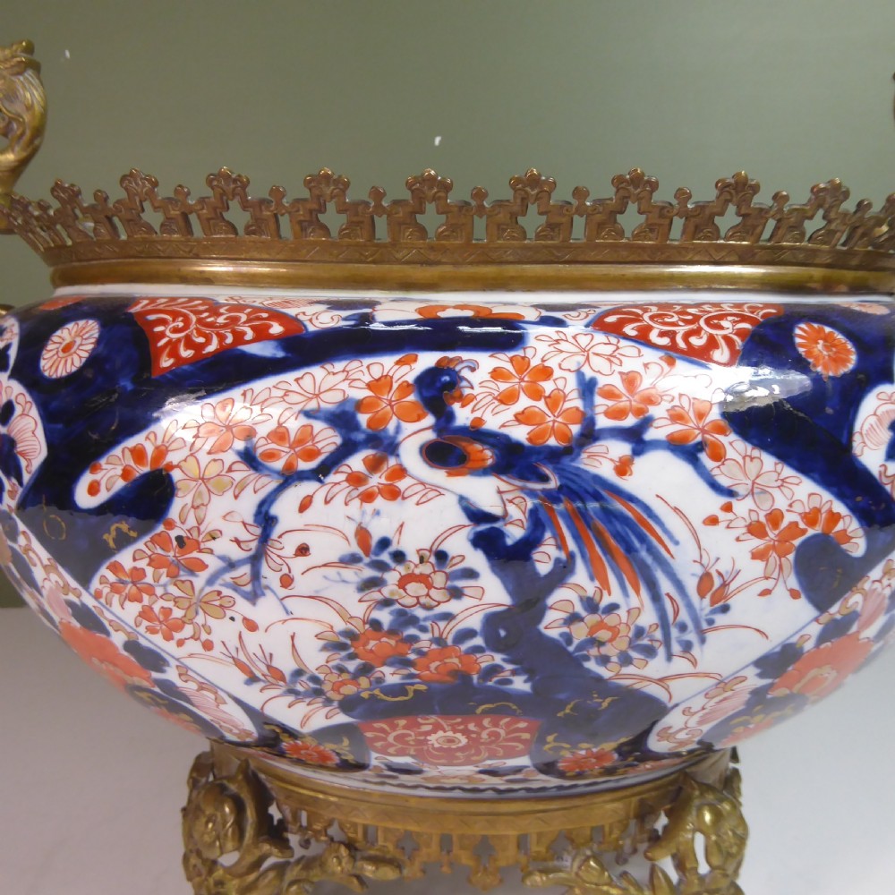 LARGE 19TH C IMARI BOWL WITH GILT MOUNTS View II