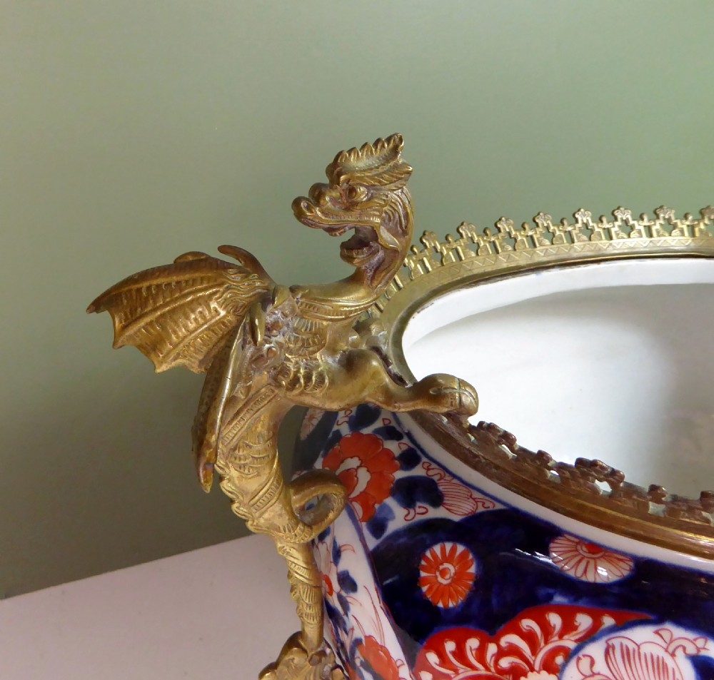 LARGE 19TH C IMARI BOWL WITH GILT MOUNTS View III