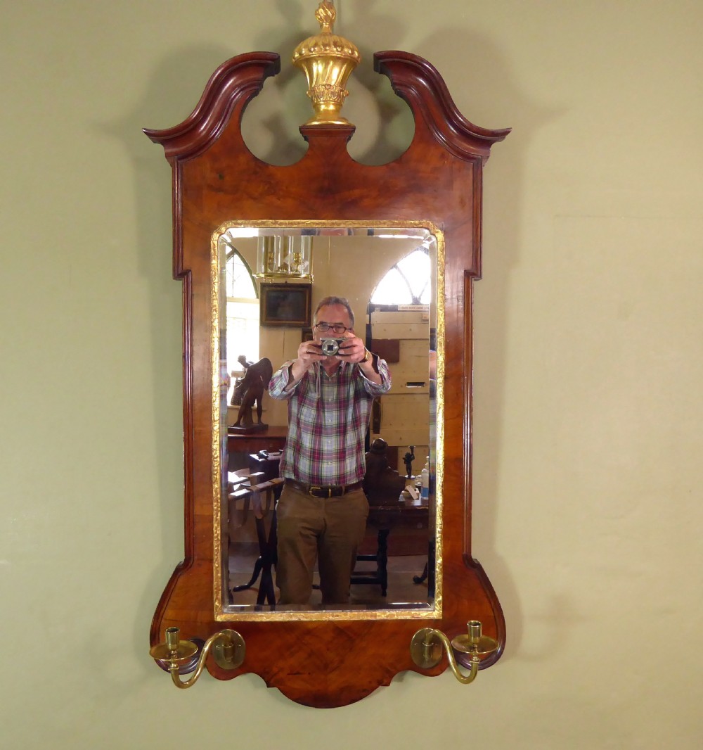 19TH C WALNUT & GILT MIRROR WITH CANDLES SCONCES