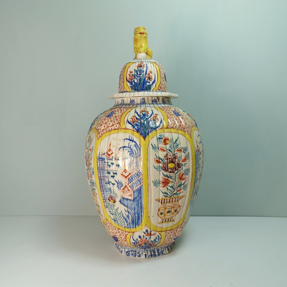 LARGE 18TH C DELFT POLYCHROME JAR & COVER