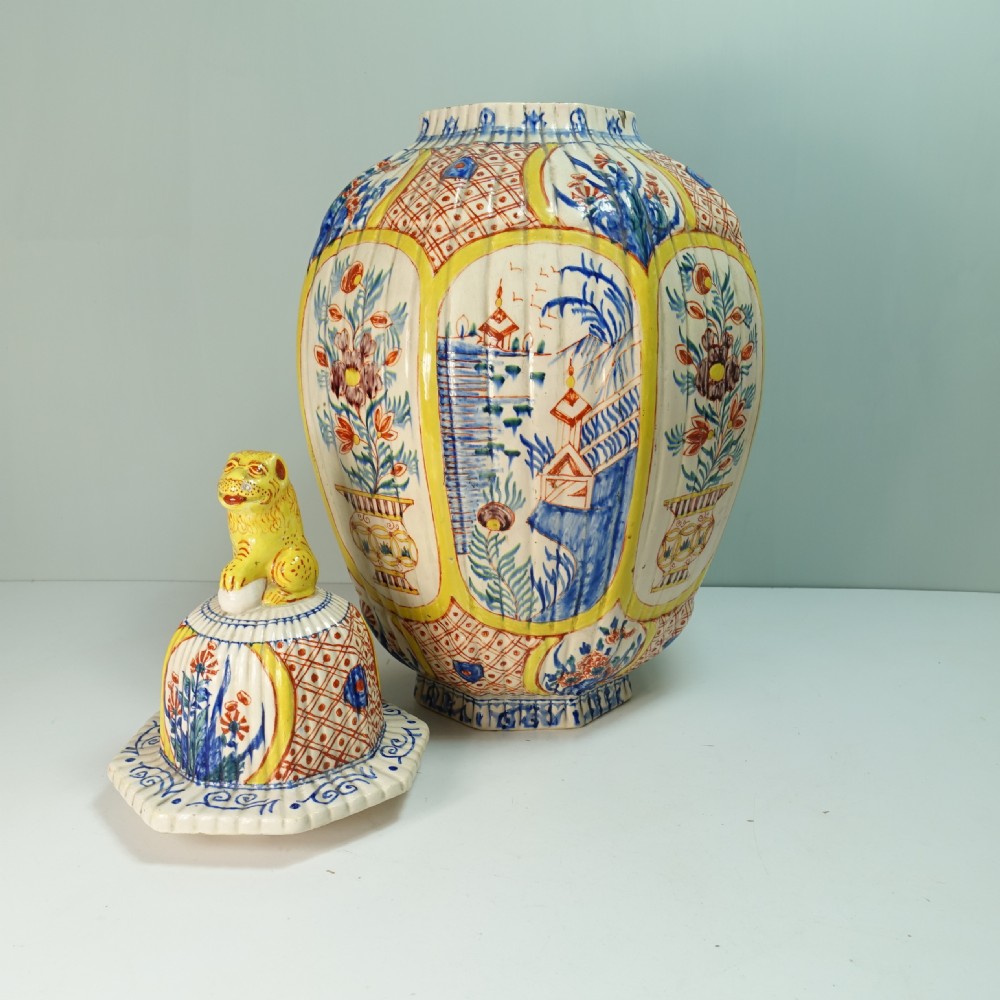 LARGE 18TH C DELFT POLYCHROME JAR & COVER View II