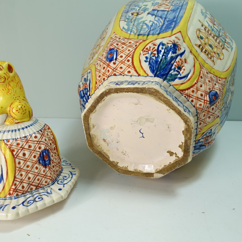LARGE 18TH C DELFT POLYCHROME JAR & COVER View III