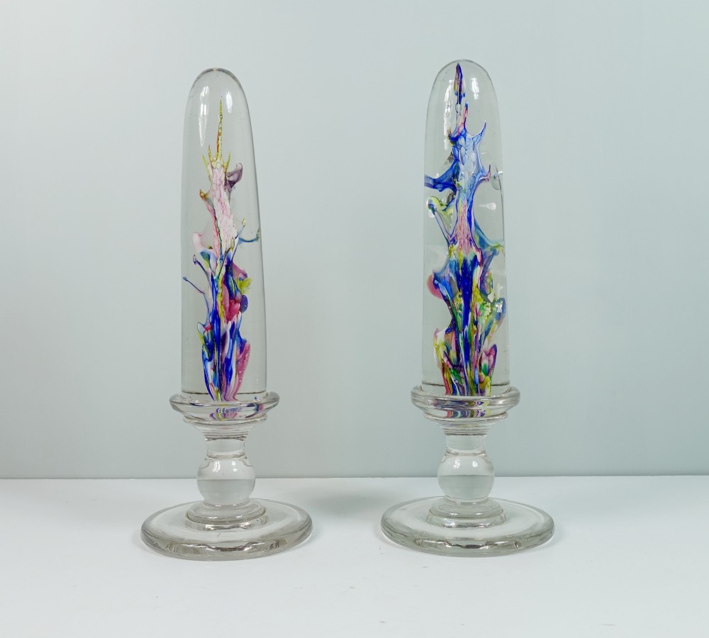PAIR OF 19TH C GLASS OBELISKS