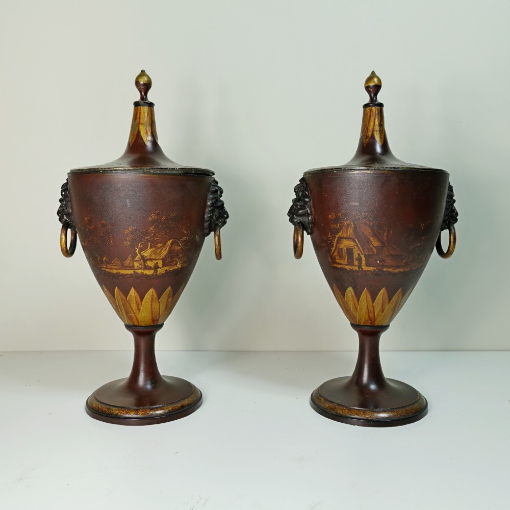 PAIR OF 19TH C TOLE CHESTNUT URNS