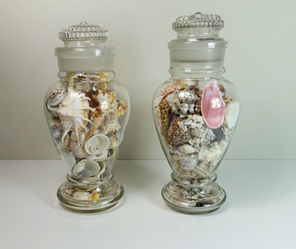 PAIR OF 19TH C GLASS VASES FILLED WITH SHELLS