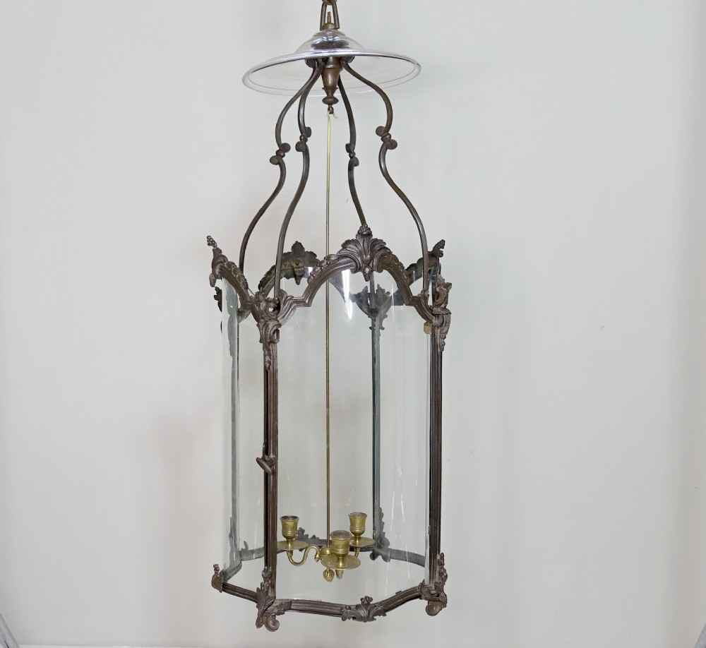 LARGE 19TH C BRONZE LANTERN WITH CURVED GLASS