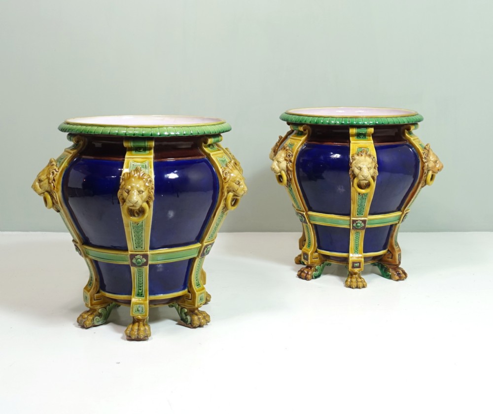 PAIR OF LARGE 19TH C MAJOLICA VASES