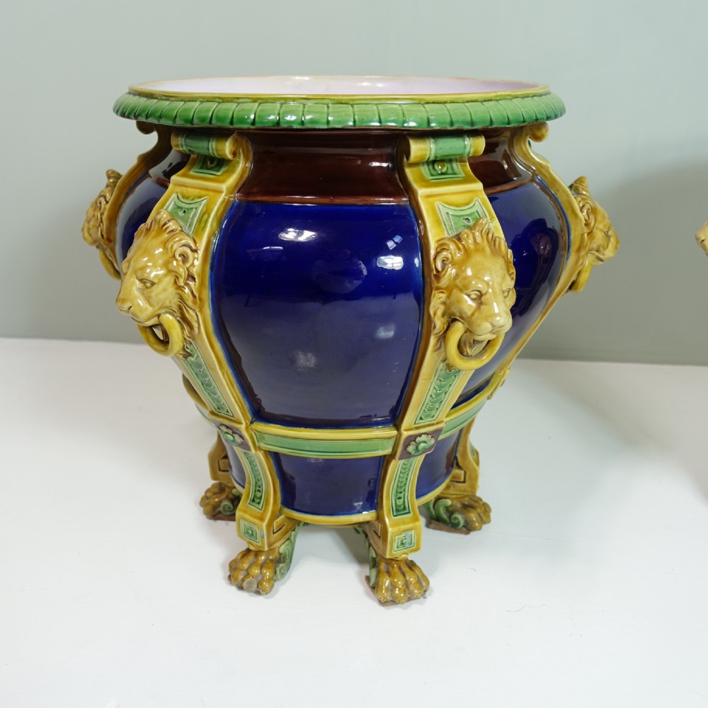 PAIR OF LARGE 19TH C MAJOLICA VASES View III