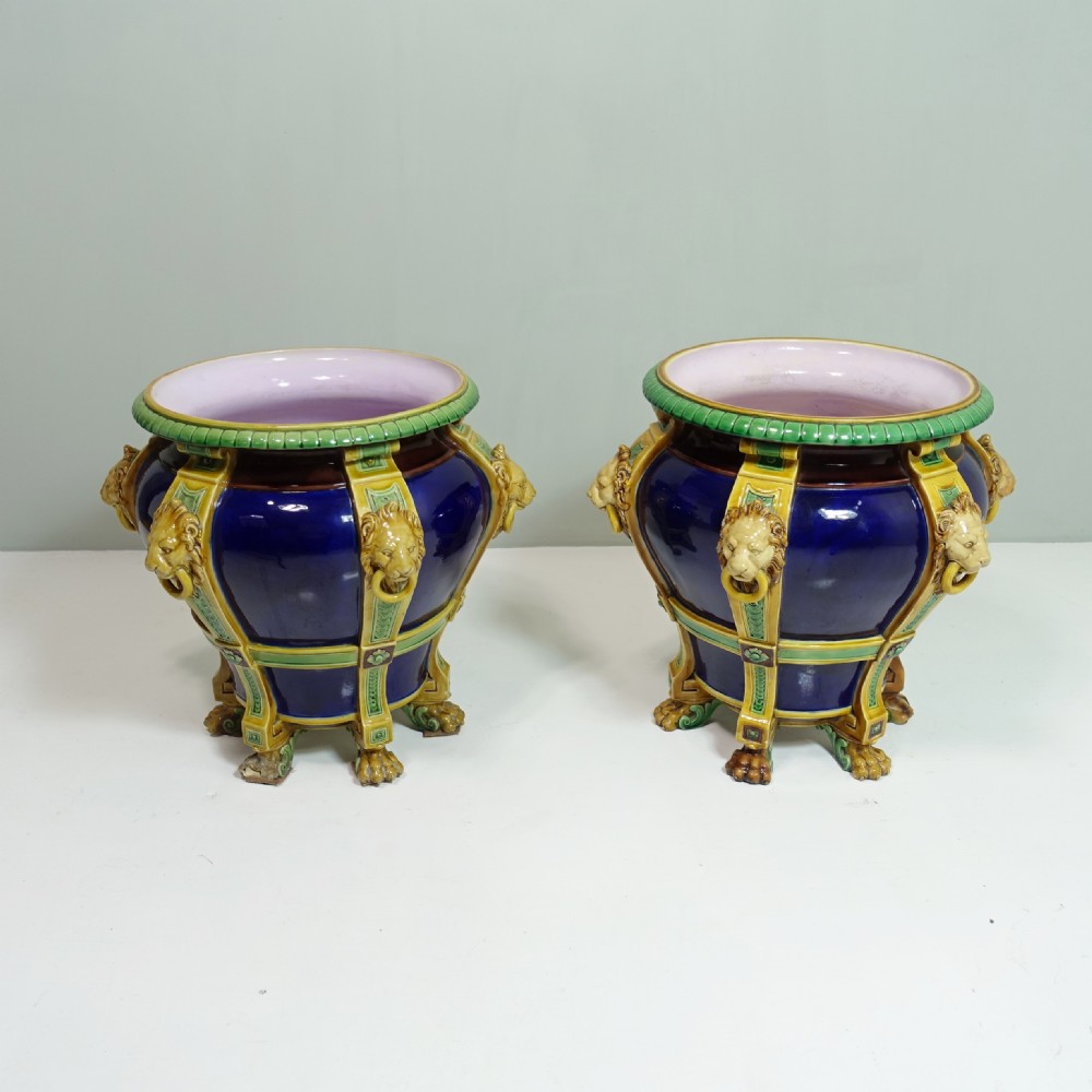 PAIR OF LARGE 19TH C MAJOLICA VASES View VI