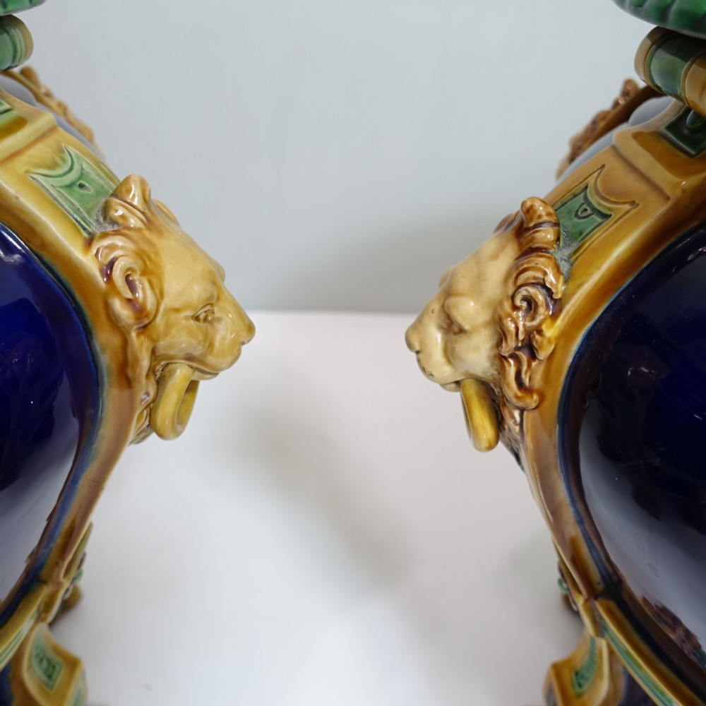 PAIR OF LARGE 19TH C MAJOLICA VASES View VII