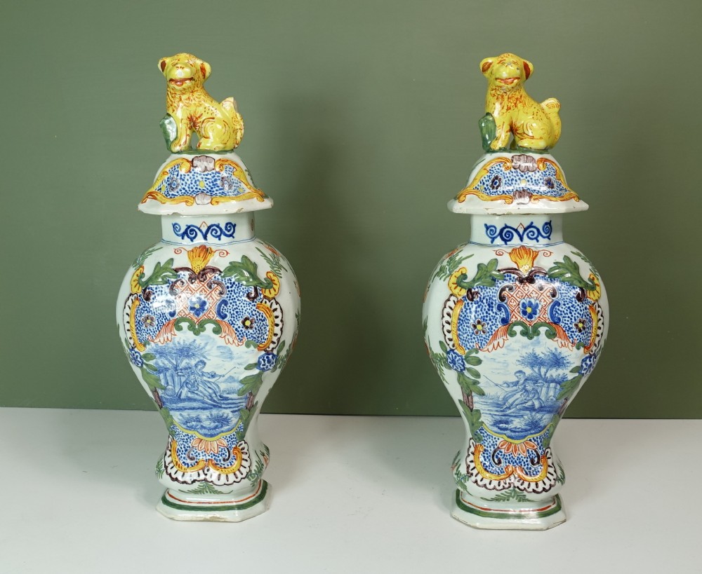 PAIR OF 18TH C DELFT POLYCHROME VASES