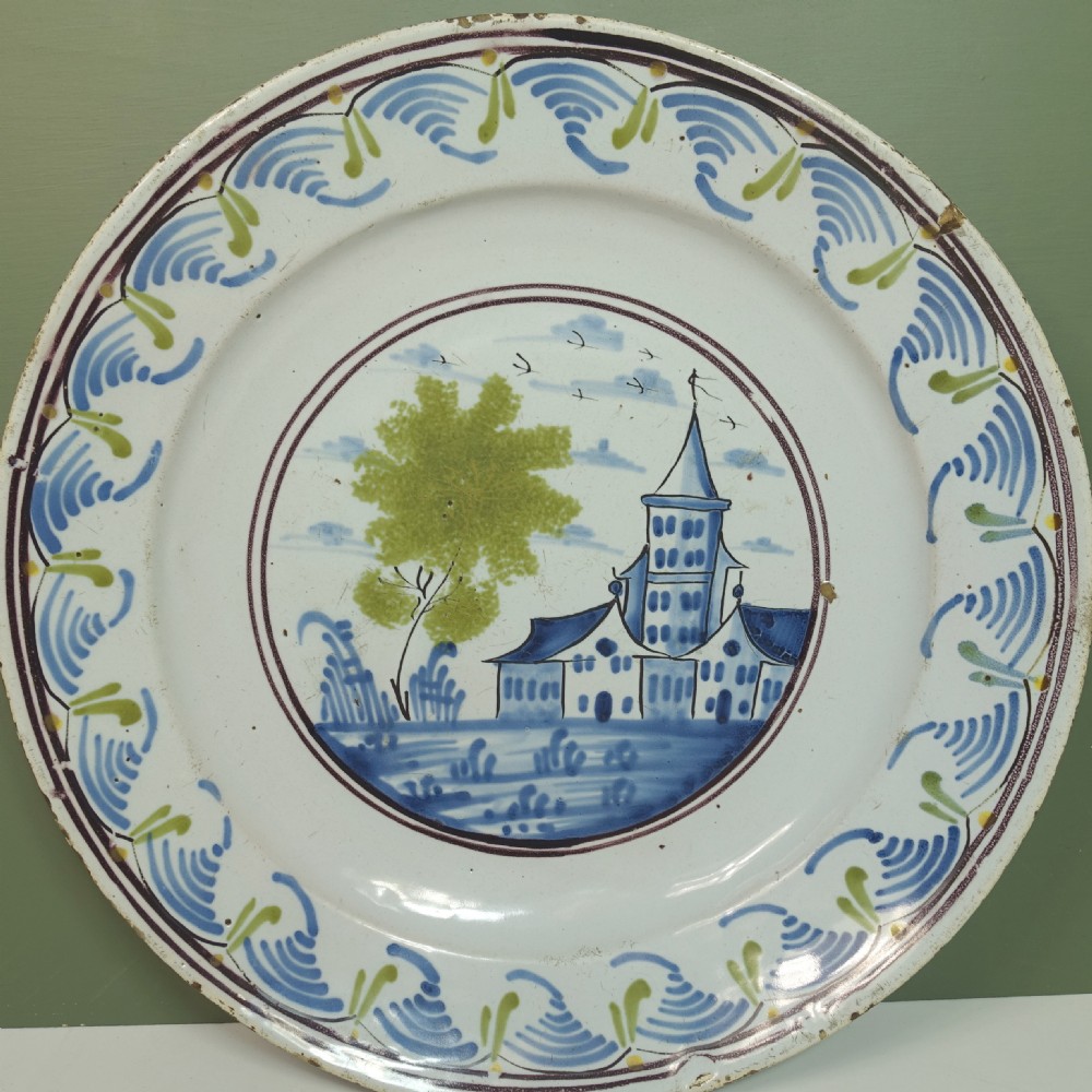 18TH C TIN GLAZED POLYCHROME CHARGER View II