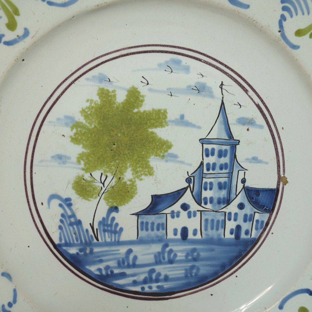 18TH C TIN GLAZED POLYCHROME CHARGER View III