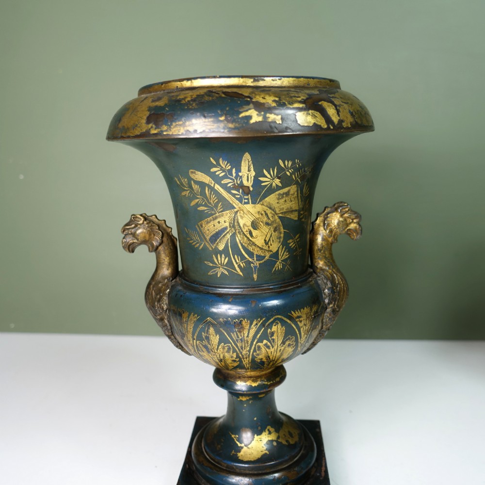 PAIR OF 19TH C GREEN TOLE VASES View IV