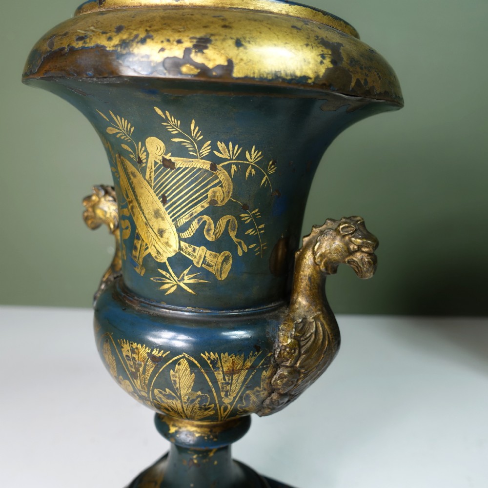 PAIR OF 19TH C GREEN TOLE VASES View V