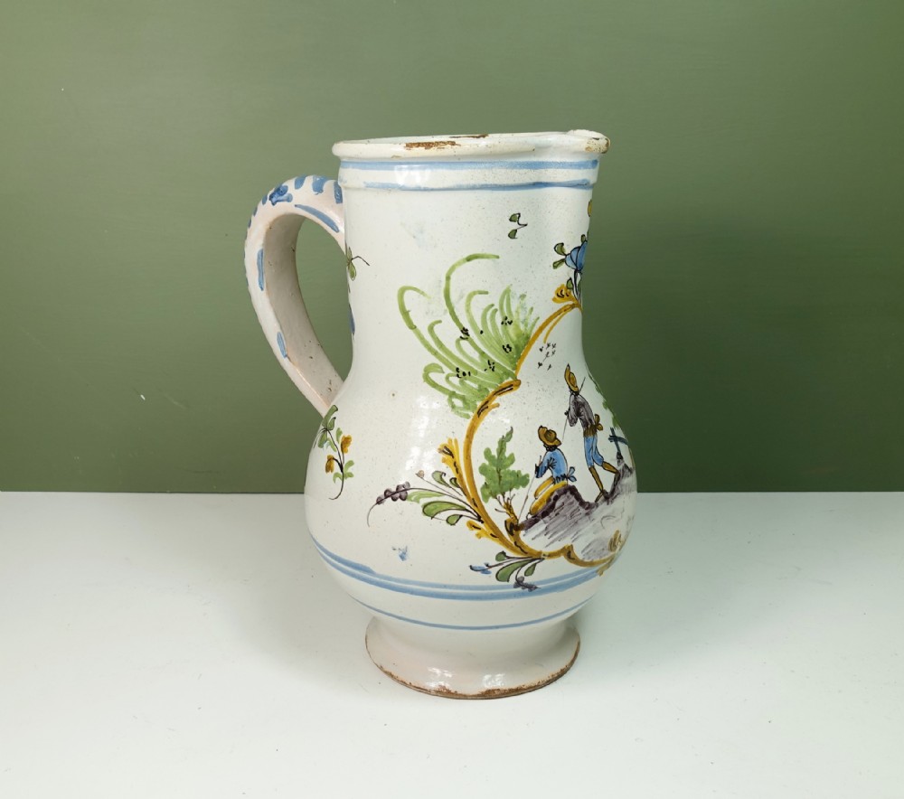 18TH C POLYCHROME TIN GLAZE JUG