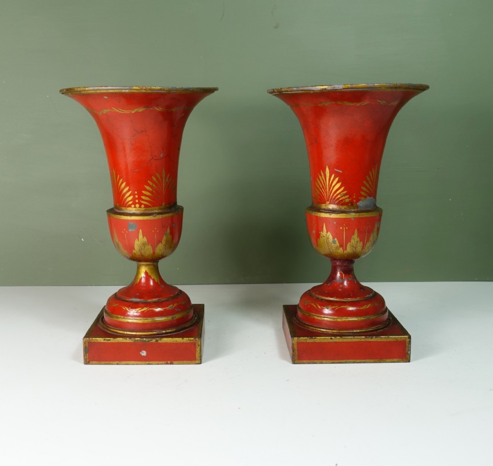 PAIR OF 19TH C TOLEWARE VASES