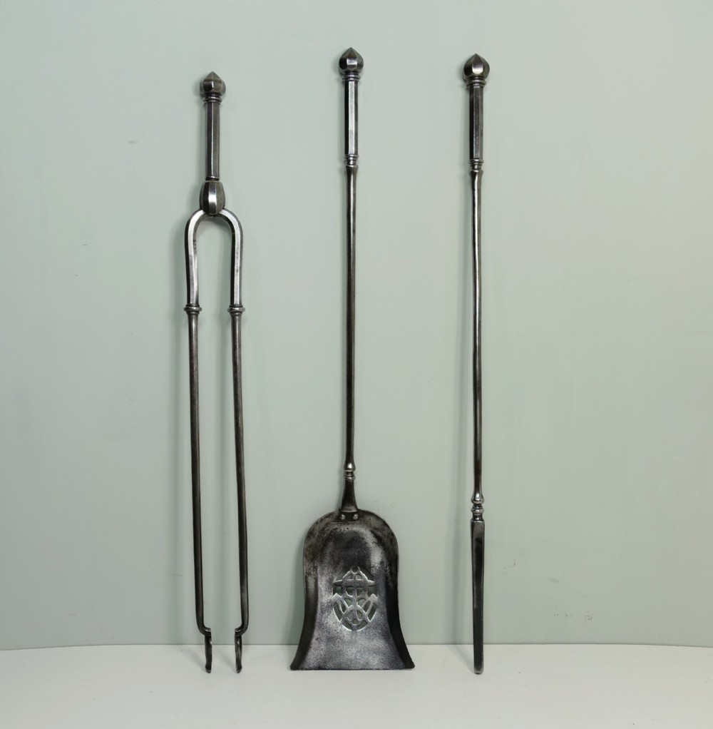 SET OF GEORGE III BURNISHED STEEL FIRE TOOLS